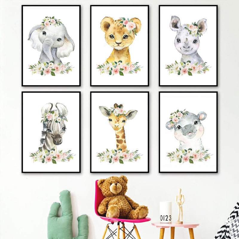 Baby Nursery Jungle Animals - Blumen-Dschungeltiere Leinwanddrucke Kinderzimmer-Dekoration Elefant Giraffe Gemälde