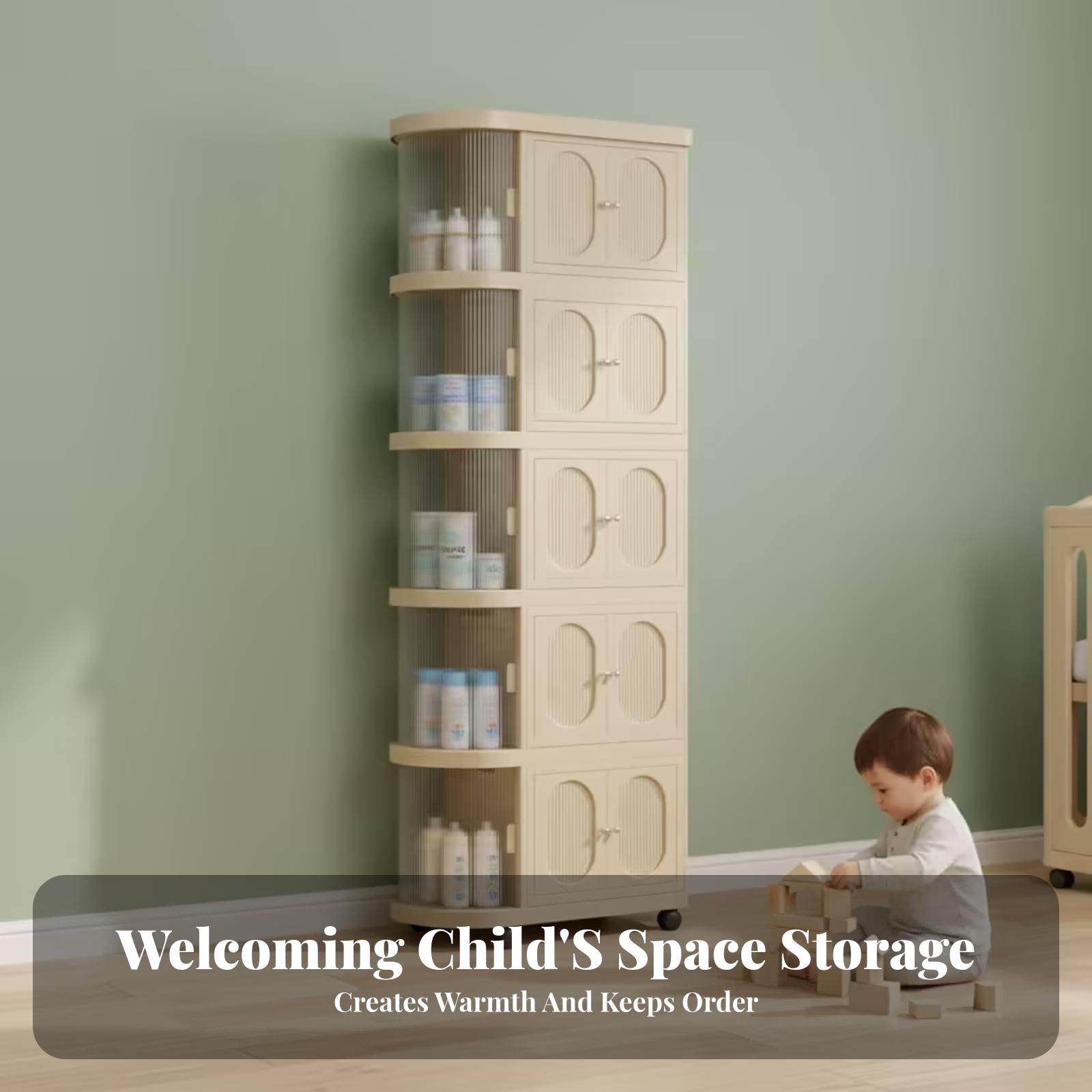 Baby Nursery Shelves - 5-stöckiger Baby-Schrank in Warmem Beige, Rollbarer