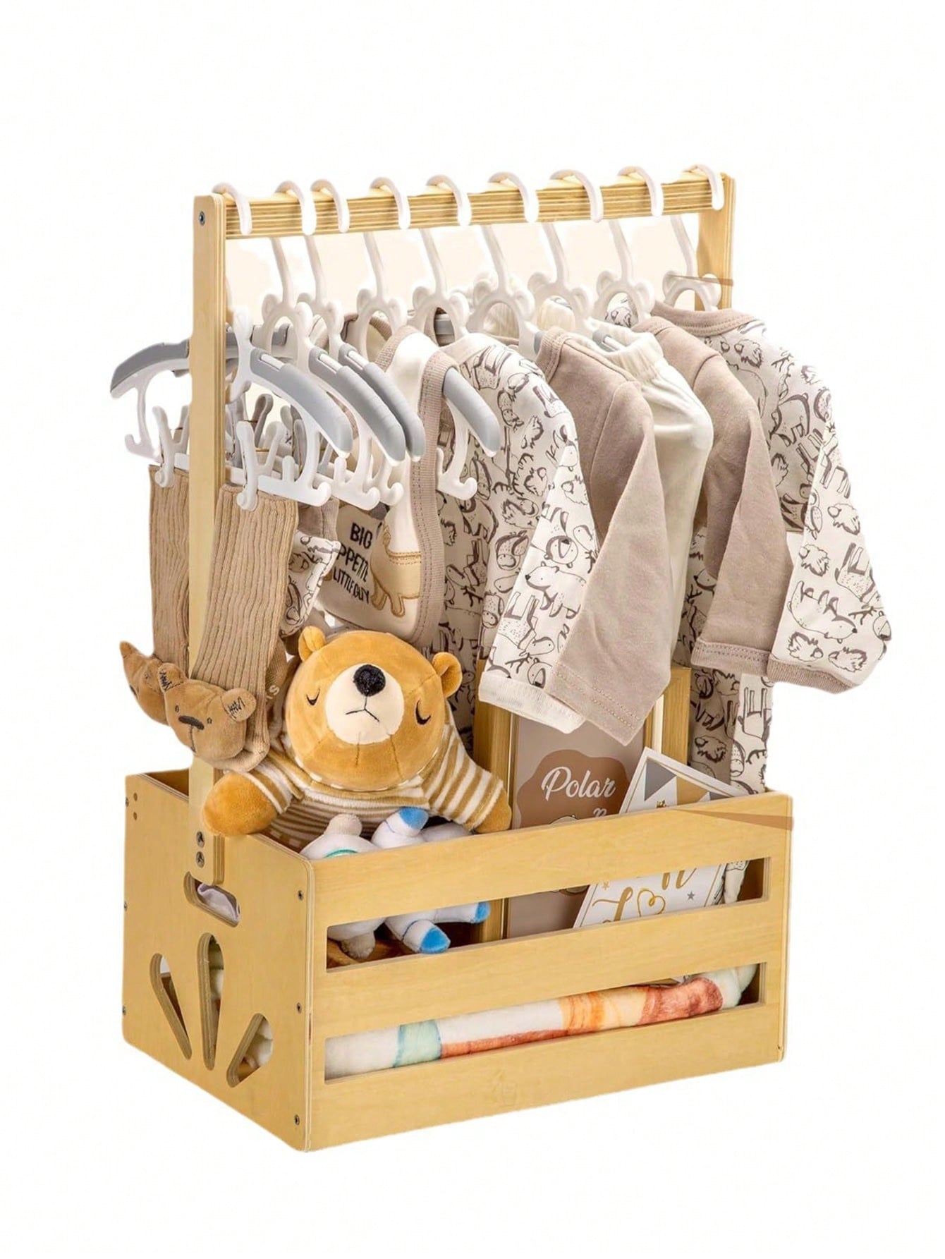 Baby Nursery Unit - Baby-Shower-Aufbewahrungsbox mit Kleiderstange, moderne natürliche Holz-Aufbewahrungseinheit,
