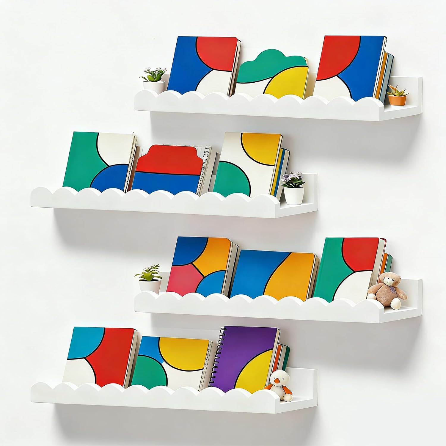 Baby Nursery Bookshelf - Set aus 4 weißen, gewellten, schwebenden