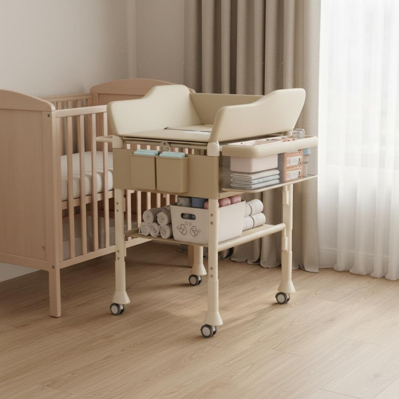 Baby Nursery Table - Baby-Wickeltisch-Kombination 2-in-1 Höhenverstellbarer Babypflegetisch Rollbare Wickelstation