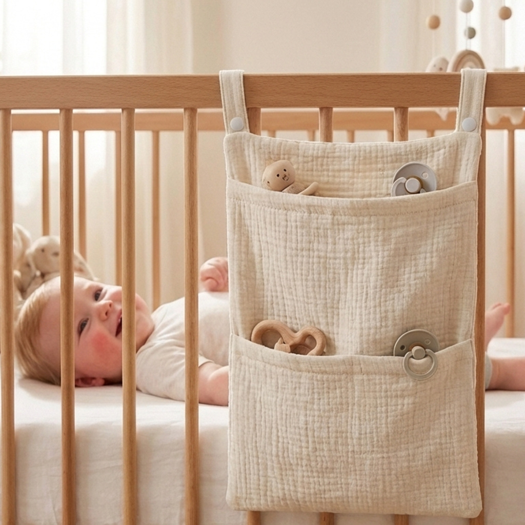 Baby Nursery Shelves - Babybett-Organizer Hängende Aufbewahrungstasche aus Musselin-Baumwolle Windel-Caddy