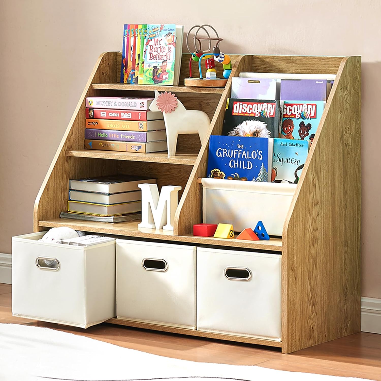 Baby Nursery Bookshelf - Montessori Holzregal & Spielzeugaufbewahrung mit 3
