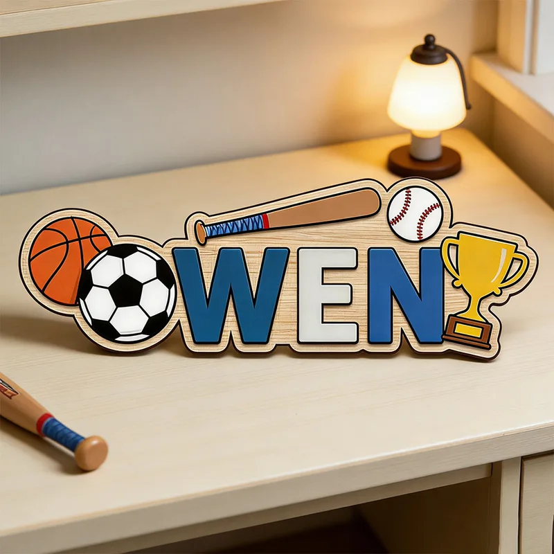 Baby Nursery Themes Boy - Sportball-Trophäe mit Individuellem Namen als Holzschild