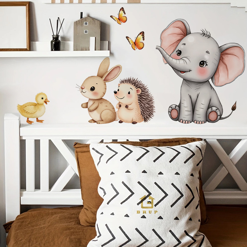 Baby Nursery Wall Decals - Cartoon-Tier-Wandaufkleber – Elefant, Hase, Igel, Kinderzimmer-Aufkleber,