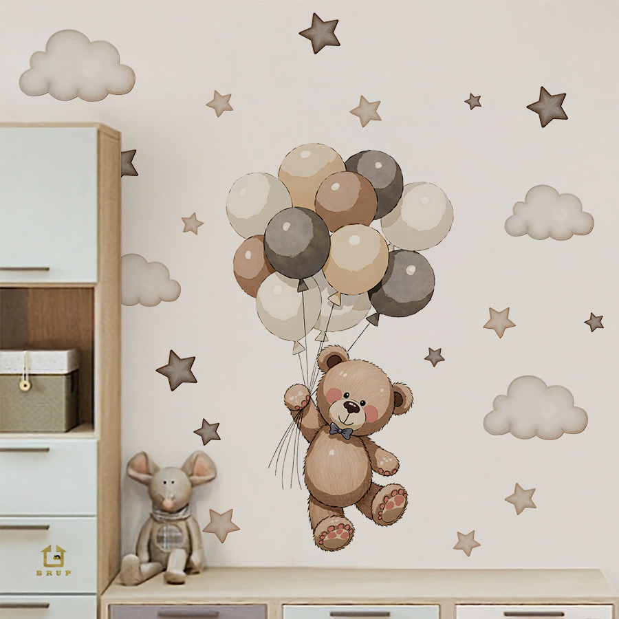 Baby Nursery Wall Decals - Entzückende Teddybär-Wandaufkleber, abnehmbare Dekoration mit Luftballons,