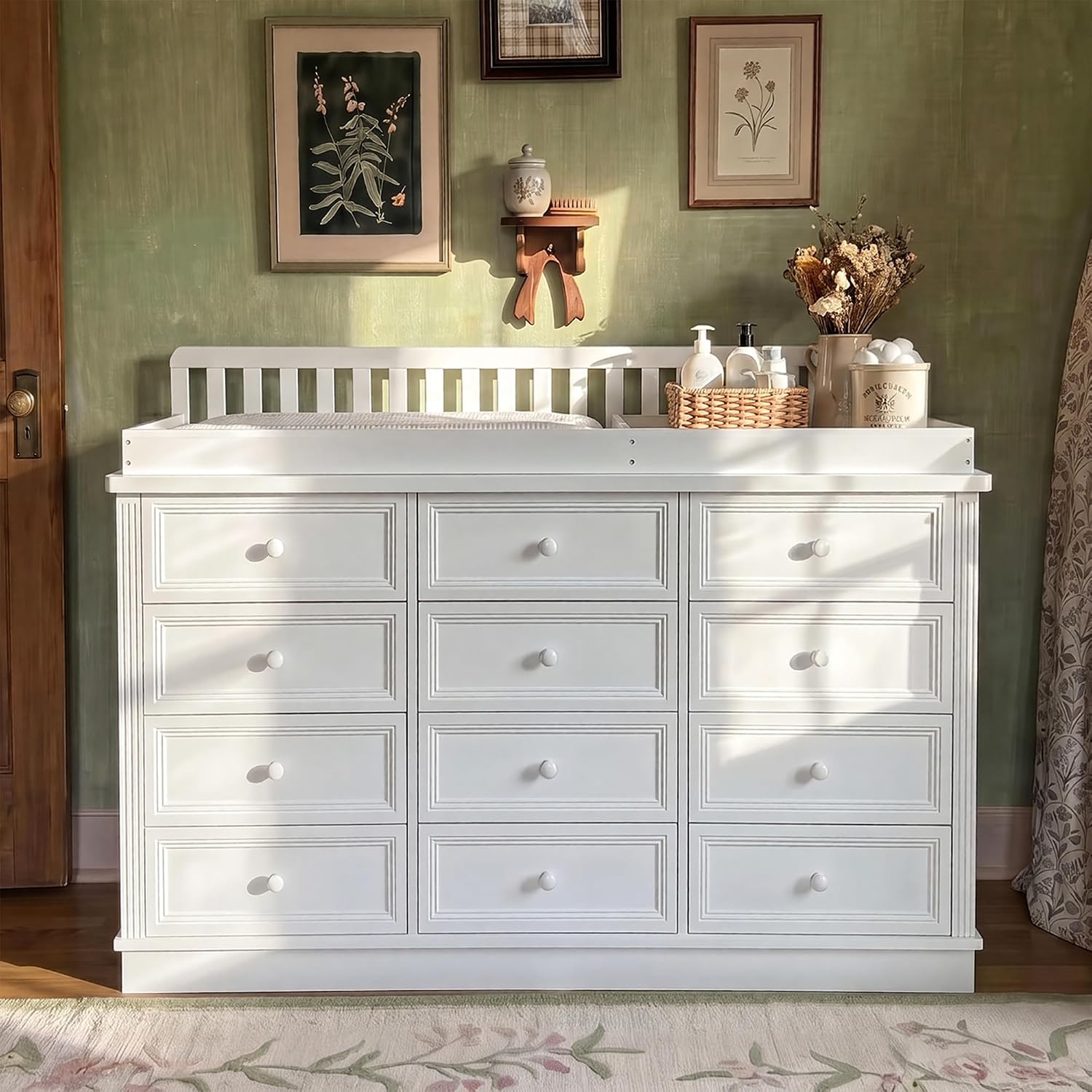 Baby Nursery Table - Baby-Wickelkommode, 100% Massivholz Säuglings-Wickelstation-Kombination, 12-Schubladen Baby-Kommode,