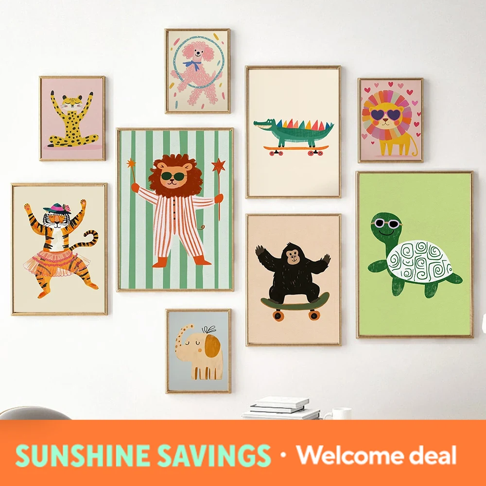 Baby Nursery Jungle Animals - Yoga Leopard Elefant Löwe Wandkunst Kinderzimmer