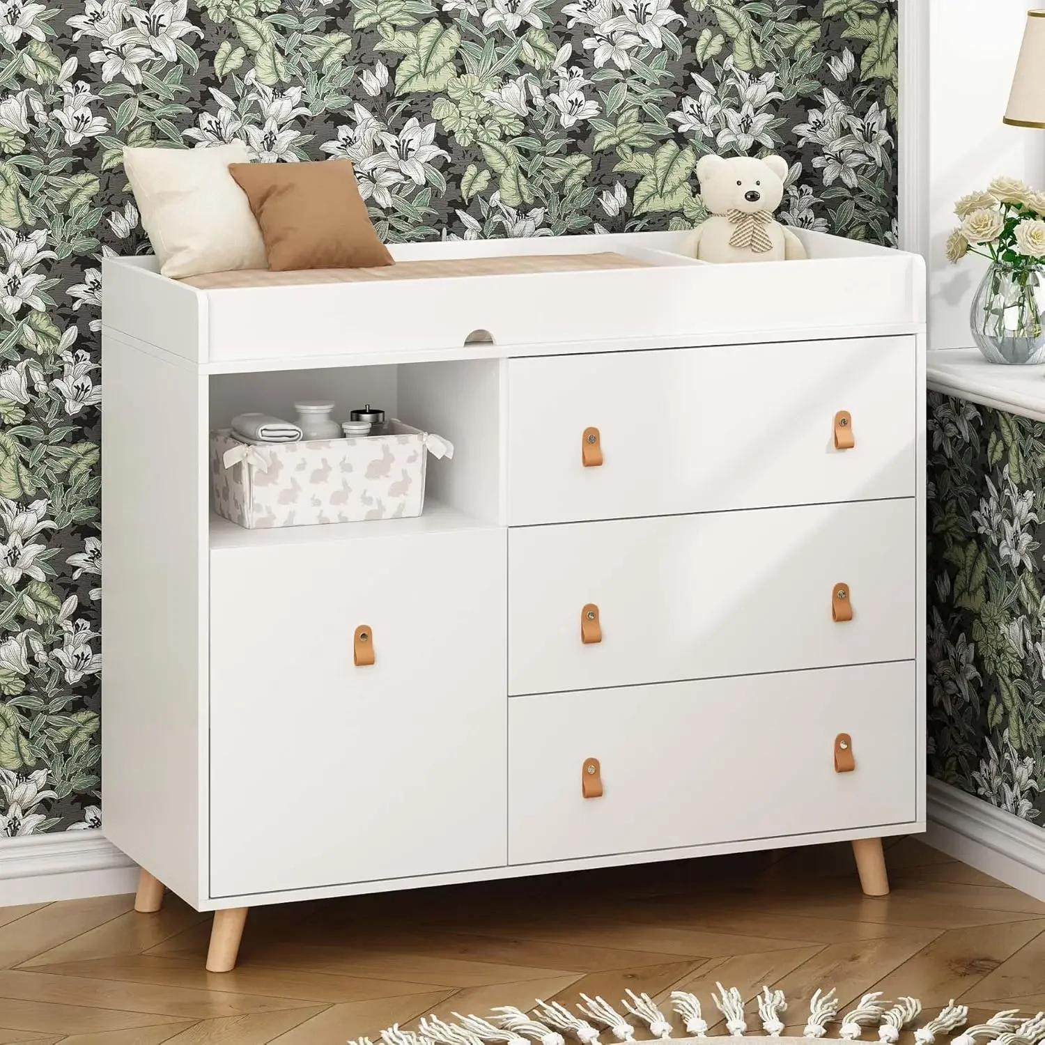 Baby Nursery Chest Of Drawers - Baby-Kommode mit Wickelaufsatz, Schubladen, Regal, verstecktem